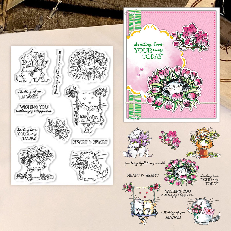 Clear Silicone Stamps For Card Making - ซันคราฟท์ แสตมป์ใสลายแมวน่ารักและดอกไม้ อุปกรณ์ DIY สำหรับงานสแครปบุ๊ค แสตมป์ซิลิโคนสำหรับทำการ์ด