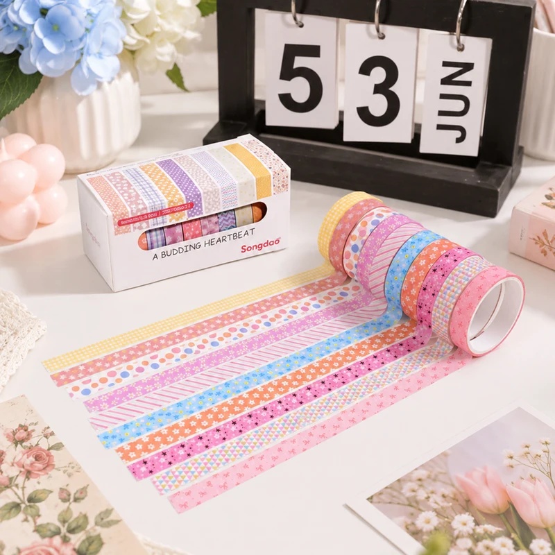 Scrapbooking - เทปวาชิลายดอกไม้สีพาสเทล 10 ม้วน ขนาด 8 มม.